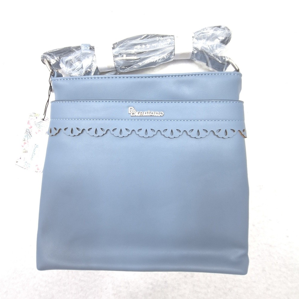 B Brentano Crossbody Bag Womens Small Blue Stone Vegan Scalloped Messenger NWT